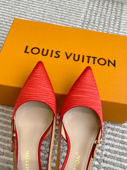 LOUIS VUITTON BLOSSOM SLINGBACKS 55 MM IN CHERRY RED IMPORTED STRIPED SILK SATIN