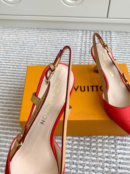 LOUIS VUITTON BLOSSOM SLINGBACKS 75 MM IN CHERRY RED IMPORTED STRIPED SILK SATIN