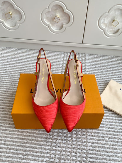 LOUIS VUITTON BLOSSOM SLINGBACKS 75 MM IN CHERRY RED IMPORTED STRIPED SILK SATIN