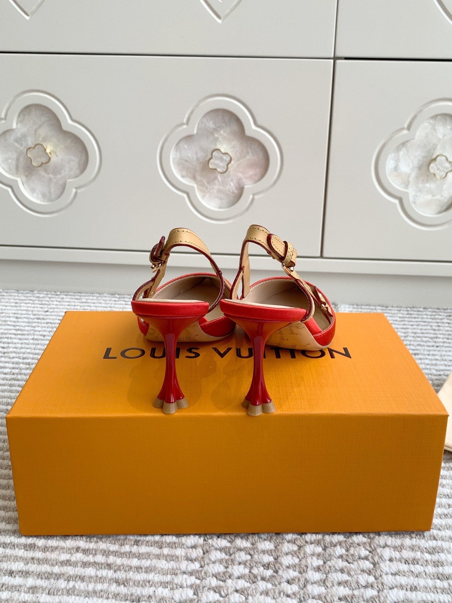 LOUIS VUITTON BLOSSOM SLINGBACKS 75 MM IN CHERRY RED IMPORTED STRIPED SILK SATIN