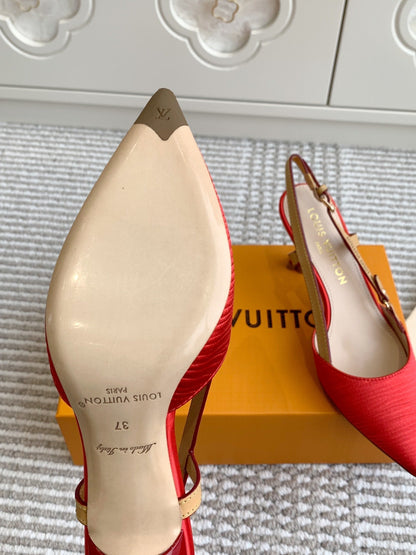 LOUIS VUITTON BLOSSOM SLINGBACKS 75 MM IN CHERRY RED IMPORTED STRIPED SILK SATIN