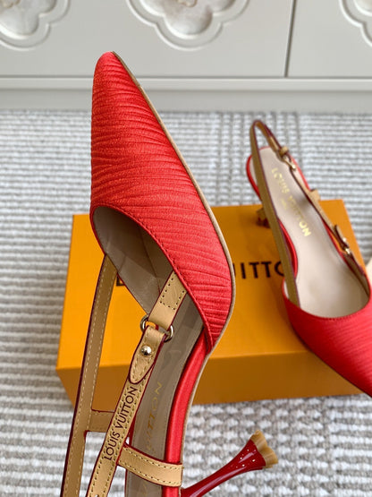 LOUIS VUITTON BLOSSOM SLINGBACKS 75 MM IN CHERRY RED IMPORTED STRIPED SILK SATIN