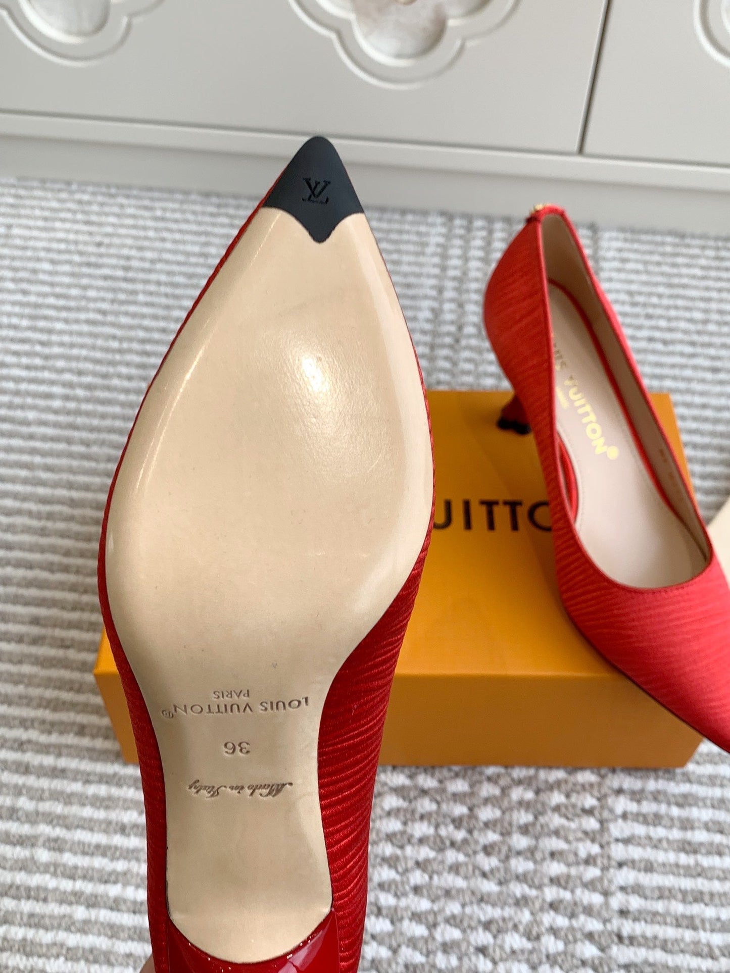 LOUIS VUITTON BLOSSOM PUMP 75 MM IN CHERRY RED IMPORTED STRIPED SILK SATIN