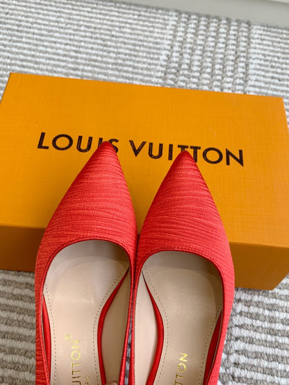 LOUIS VUITTON BLOSSOM PUMP 75 MM IN CHERRY RED IMPORTED STRIPED SILK SATIN