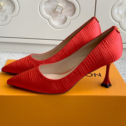 LOUIS VUITTON BLOSSOM PUMP 75 MM IN CHERRY RED IMPORTED STRIPED SILK SATIN