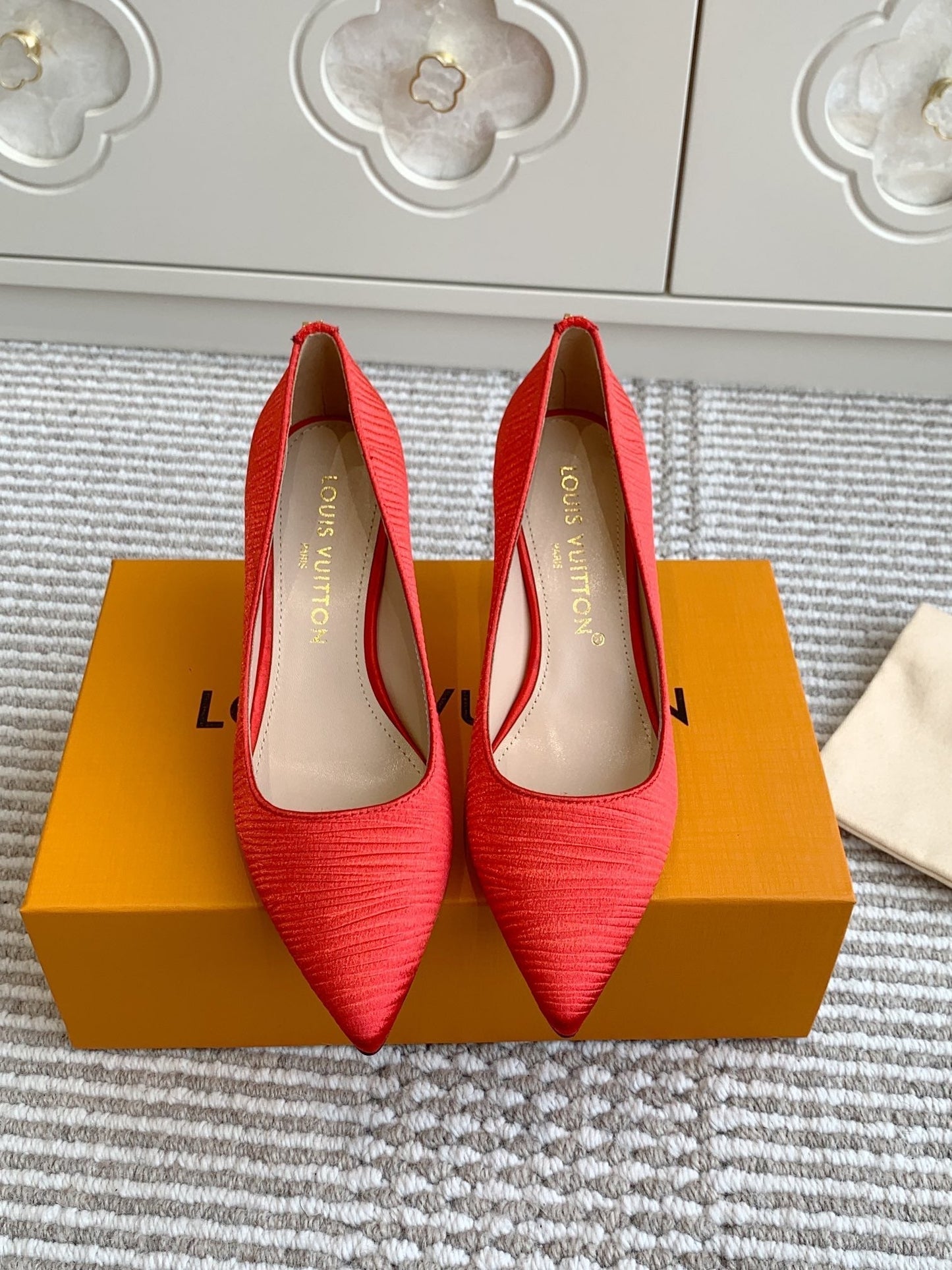 LOUIS VUITTON BLOSSOM PUMP 75 MM IN CHERRY RED IMPORTED STRIPED SILK SATIN