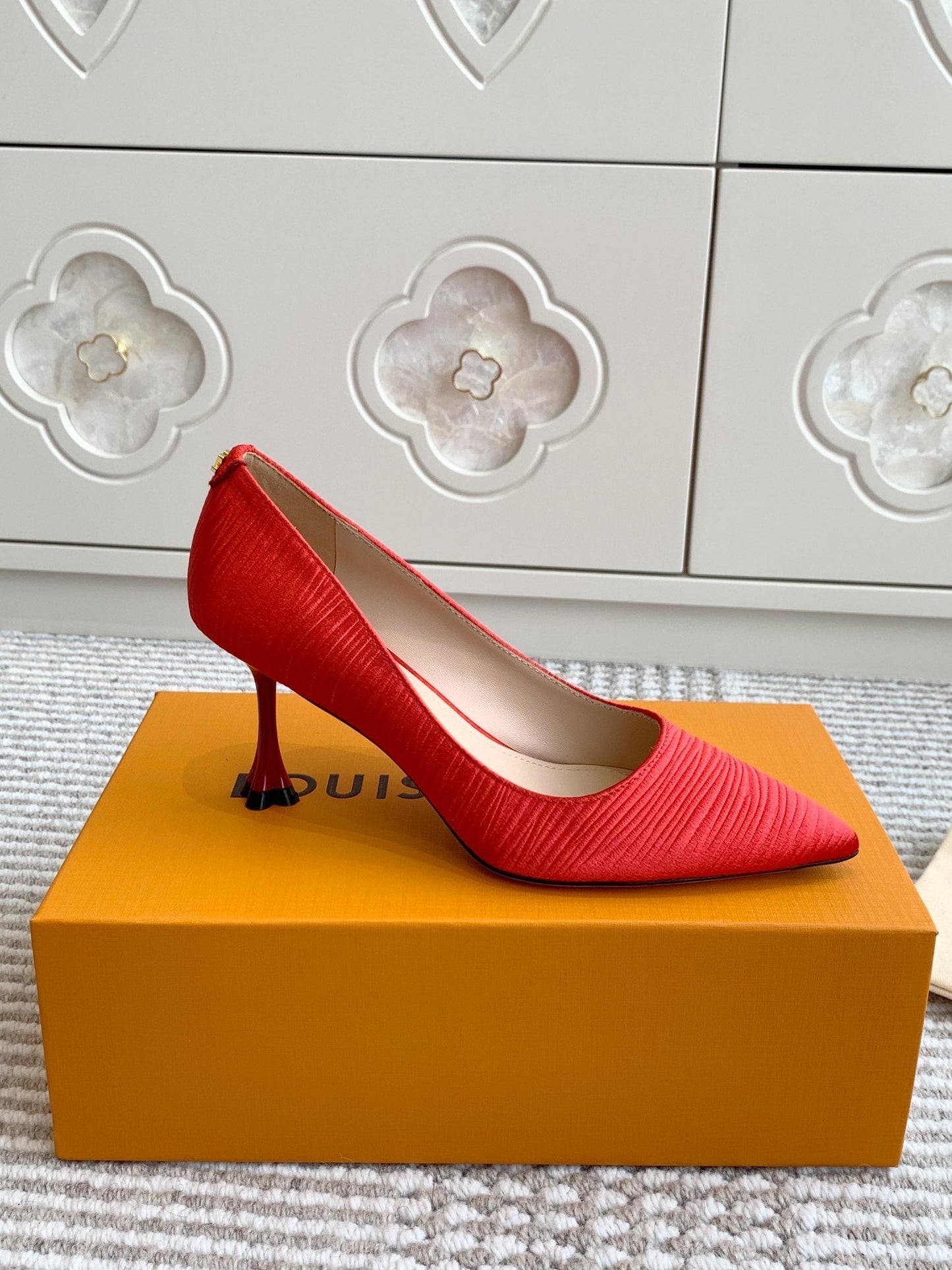 LOUIS VUITTON BLOSSOM PUMP 75 MM IN CHERRY RED IMPORTED STRIPED SILK SATIN