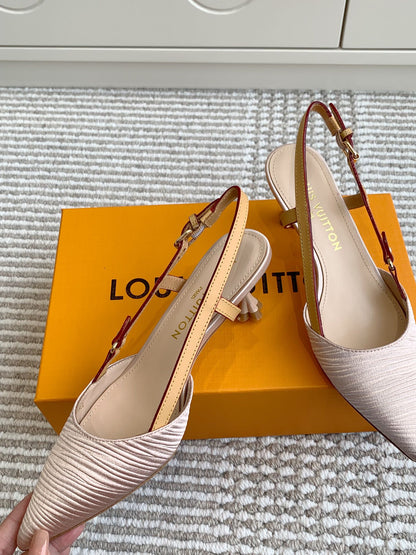 LOUIS VUITTON BLOSSOM SLINGBACKS 55 MM IN LIGHT PINK IMPORTED STRIPED SILK SATIN