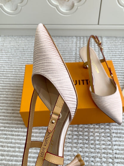 LOUIS VUITTON BLOSSOM SLINGBACKS 55 MM IN LIGHT PINK IMPORTED STRIPED SILK SATIN