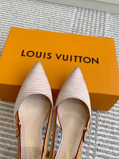 LOUIS VUITTON BLOSSOM SLINGBACKS 75 MM IN LIGHT PINK IMPORTED STRIPED SILK SATIN