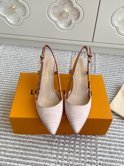 LOUIS VUITTON BLOSSOM SLINGBACKS 75 MM IN LIGHT PINK IMPORTED STRIPED SILK SATIN