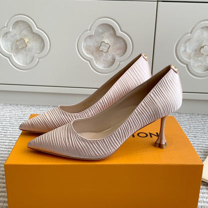 LOUIS VUITTON BLOSSOM PUMP 75 MM IN LIGHT PINK IMPORTED STRIPED SILK SATIN