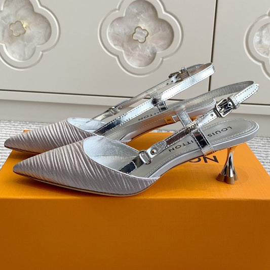 LOUIS VUITTON BLOSSOM SLINGBACKS 55 MM IN SILVER IMPORTED STRIPED SILK SATIN