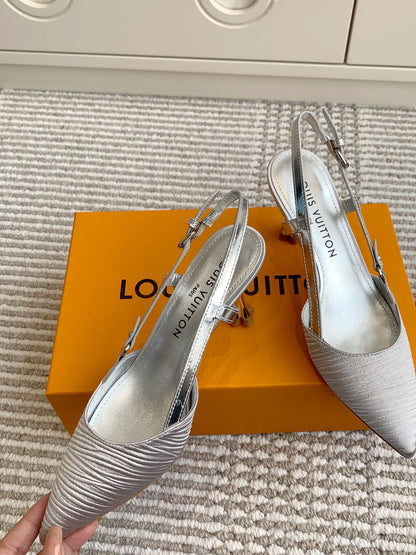 LOUIS VUITTON BLOSSOM SLINGBACKS 75 MM IN SILVER IMPORTED STRIPED SILK SATIN