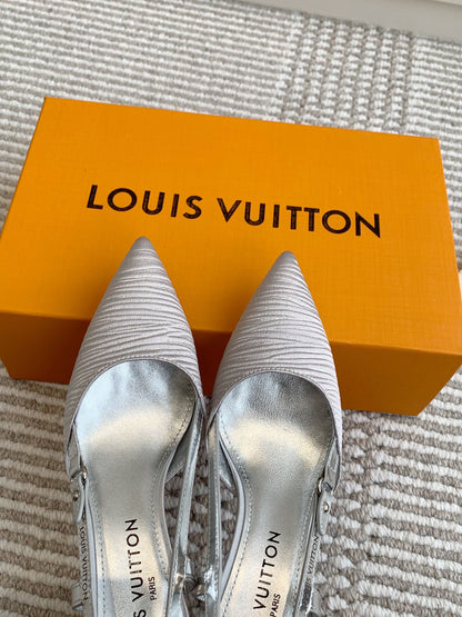LOUIS VUITTON BLOSSOM SLINGBACKS 75 MM IN SILVER IMPORTED STRIPED SILK SATIN