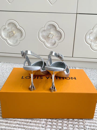 LOUIS VUITTON BLOSSOM SLINGBACKS 75 MM IN SILVER IMPORTED STRIPED SILK SATIN