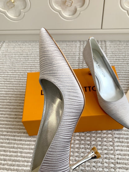 LOUIS VUITTON BLOSSOM PUMP 7 CM IN SILVER IMPORTED STRIPED SILK SATIN