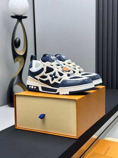 LOUIS VUITTON LV SKATE SNEAKER IN WHITE MIX NAVY BLUE CALFSKIN