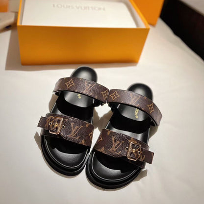 LOUIS VUITTON LV GOLD BUCKLE SANDALS IN BROWN MONOGRAM CANVAS