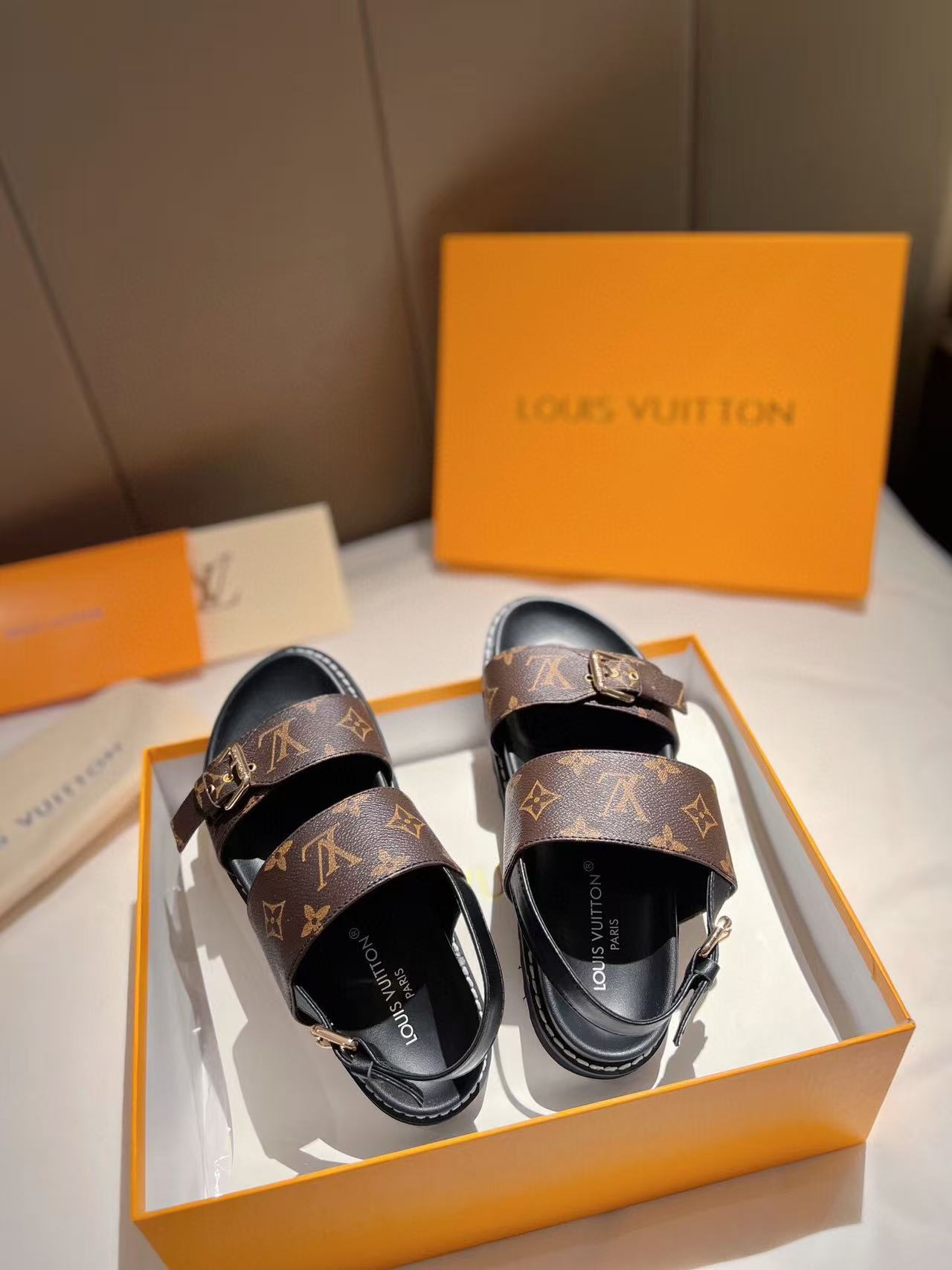 LOUIS VUITTON LV GOLD BUCKLE SANDALS IN BROWN MONOGRAM CANVAS