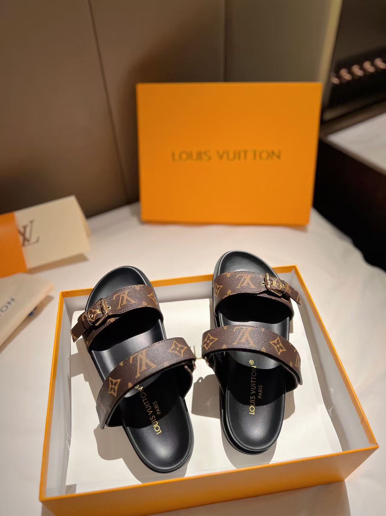 LOUIS VUITTON LV GOLD BUCKLE SANDALS IN BROWN MONOGRAM CANVAS