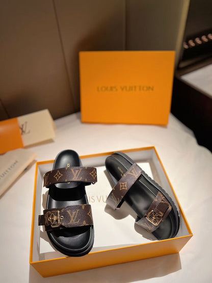 LOUIS VUITTON LV GOLD BUCKLE SANDALS IN BROWN MONOGRAM CANVAS
