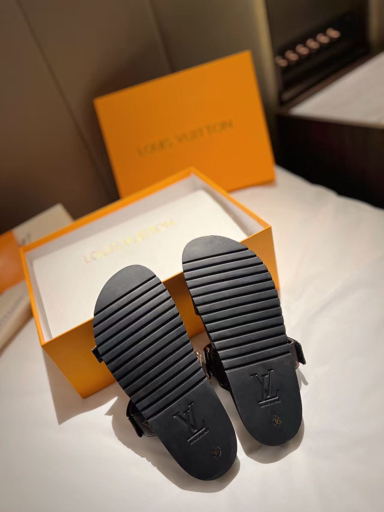LOUIS VUITTON LV GOLD BUCKLE SANDALS IN BROWN MONOGRAM CANVAS