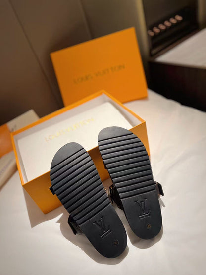 LOUIS VUITTON LV GOLD BUCKLE SANDALS IN BROWN MONOGRAM CANVAS
