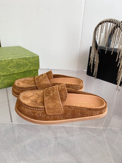 GUCCI LOAFERS IN BROWN MONOGRAM EMBOSSED SUEDE