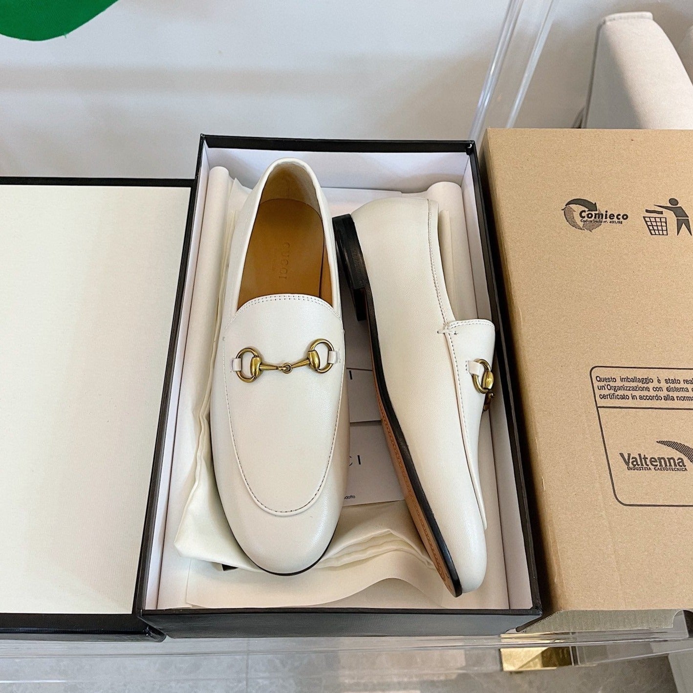 GUCCI LOAFERS MULES WHITE BROWN SOLE