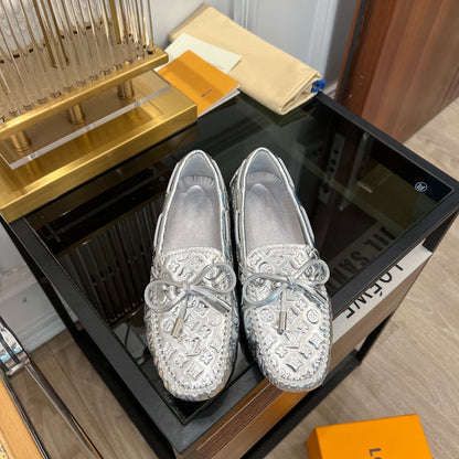 LOUIS VUITTON LV GLORIA FLAT LOAFER LOGO STAMPING SILVER