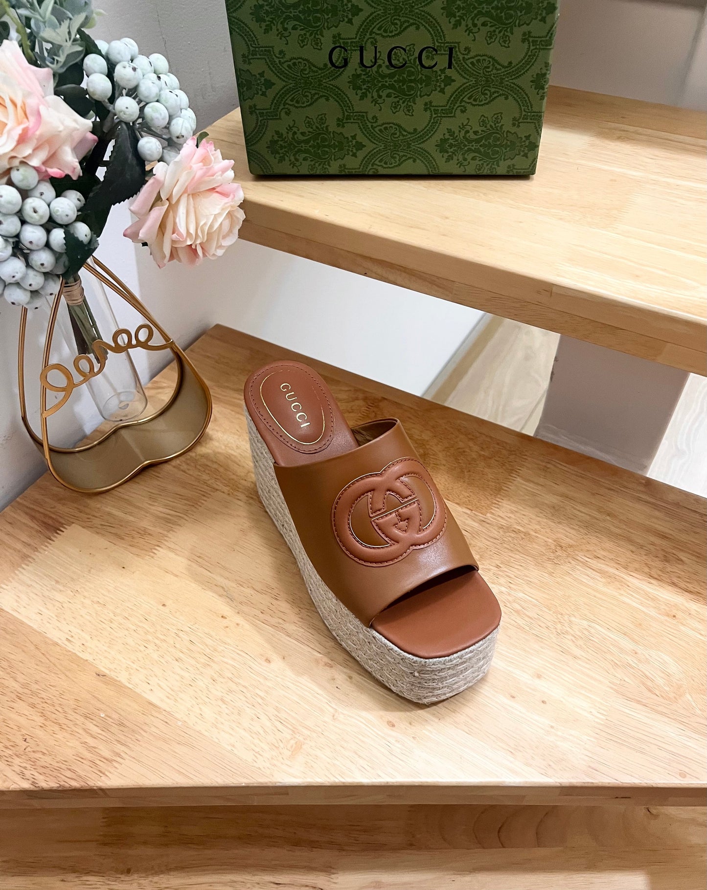 GUCCI HIGH 10CM WEDGE SANDALS IN RUSSET BROWN SHEEPSKIN