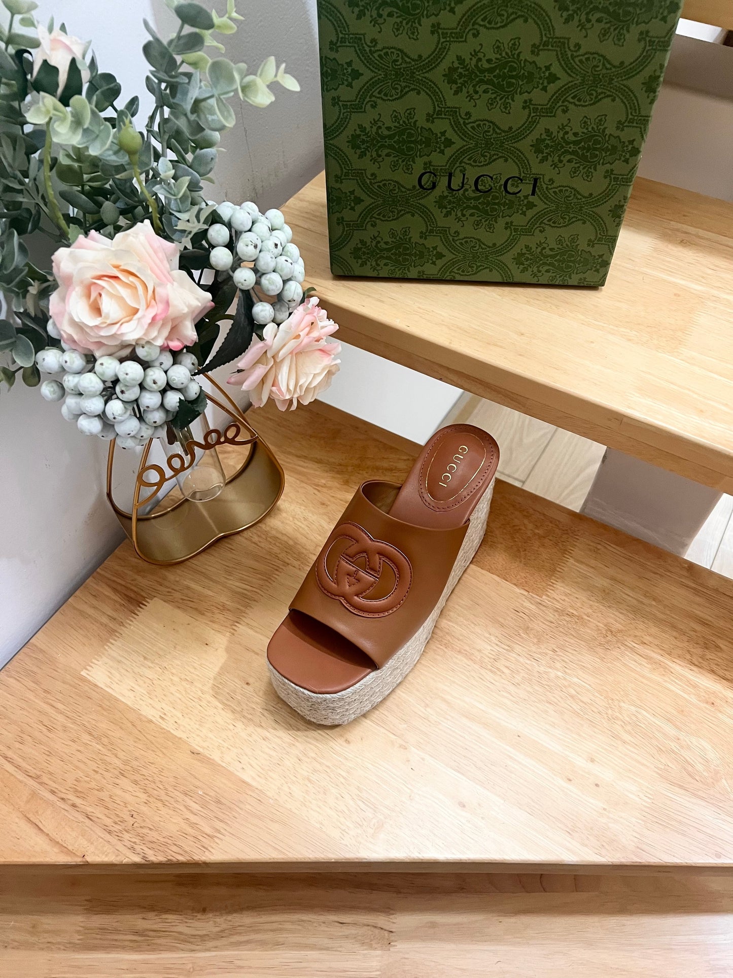 GUCCI HIGH 10CM WEDGE SANDALS IN RUSSET BROWN SHEEPSKIN
