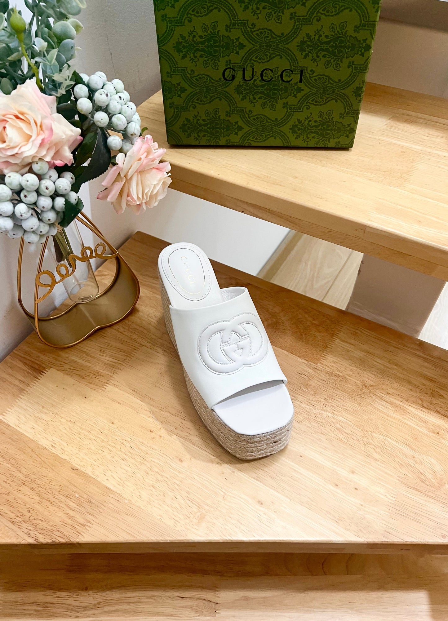 GUCCI HIGH 10CM WEDGE SANDALS IN WHITE SHEEPSKIN
