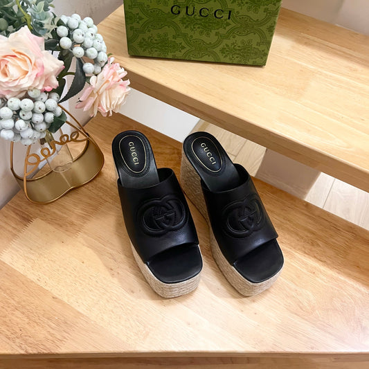 GUCCI HIGH 10CM WEDGE SANDALS IN BLACK SHEEPSKIN