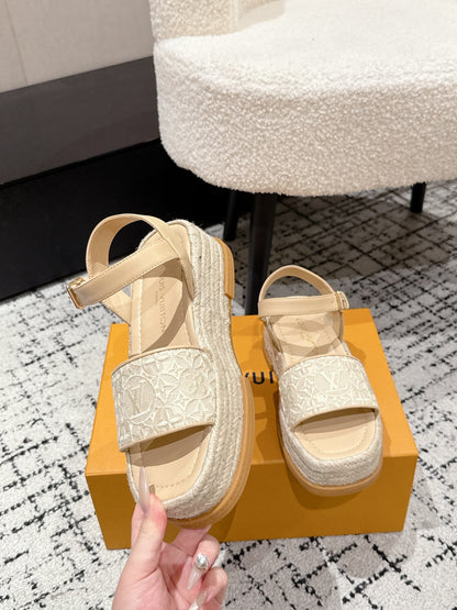 LOUIS VUITTON LV PLATFORM ESPADRILLE SANDALS 25S IN BEIGE FABRIC