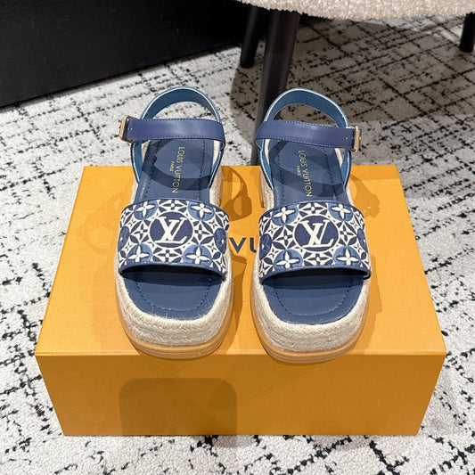 LOUIS VUITTON LV PLATFORM ESPADRILLE SANDALS 25S IN DARK BLUE FABRIC