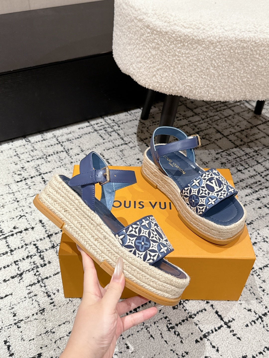 LOUIS VUITTON LV PLATFORM ESPADRILLE SANDALS 25S IN DARK BLUE FABRIC