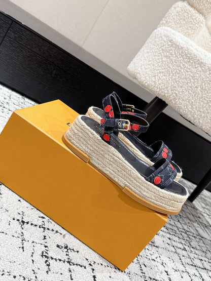 LOUIS VUITTON LV PLATFORM ESPADRILLE SANDALS 25S IN NAVY BLUE DENIM
