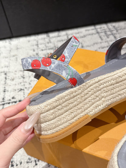 LOUIS VUITTON LV PLATFORM ESPADRILLE SANDALS 25S IN GREY DENIM