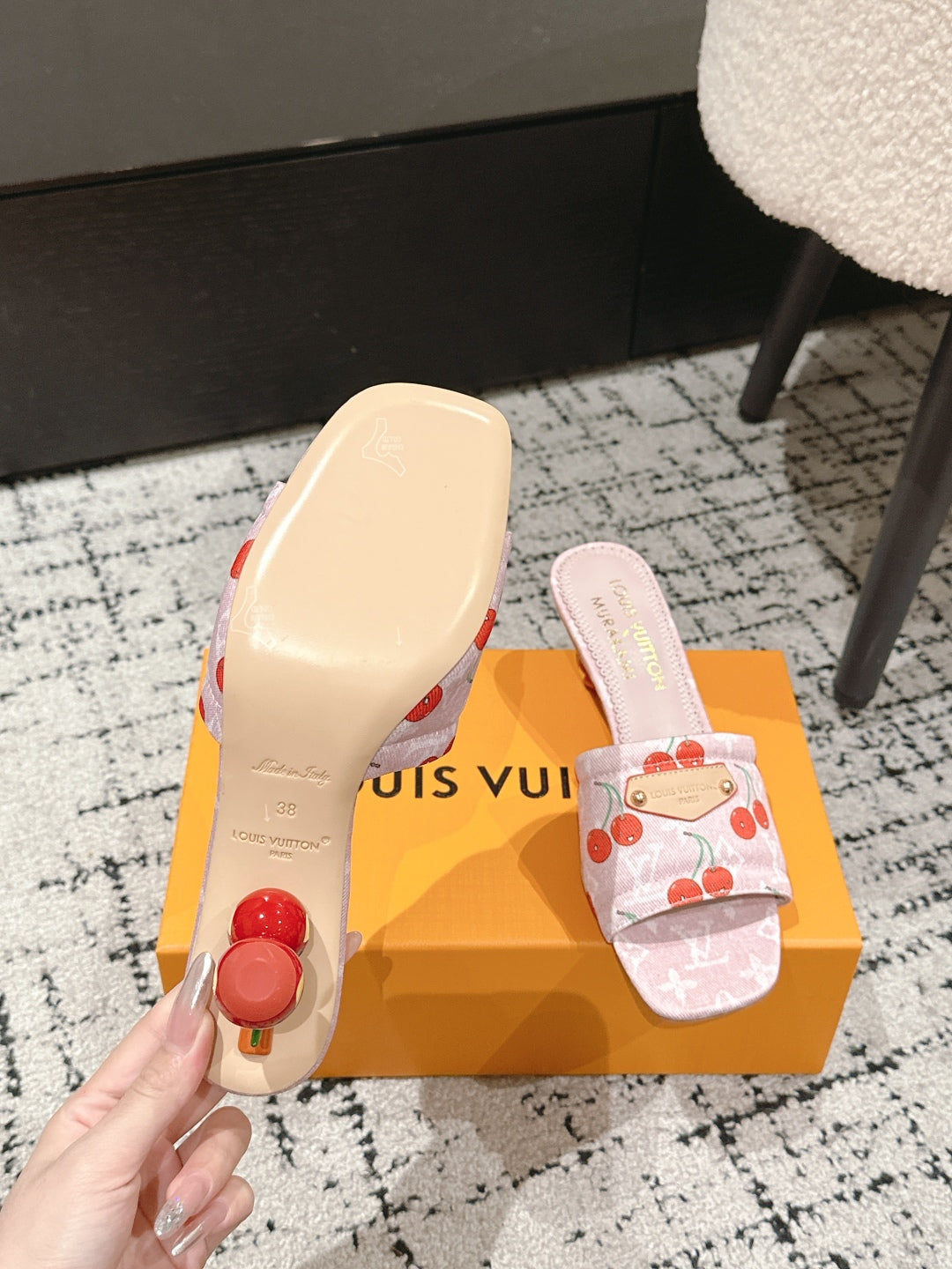 LOUIS VUITTON LV CHERRY HIGH HEELS 25S 55 MM IN LIGHT PINK DENIM STYLE 8