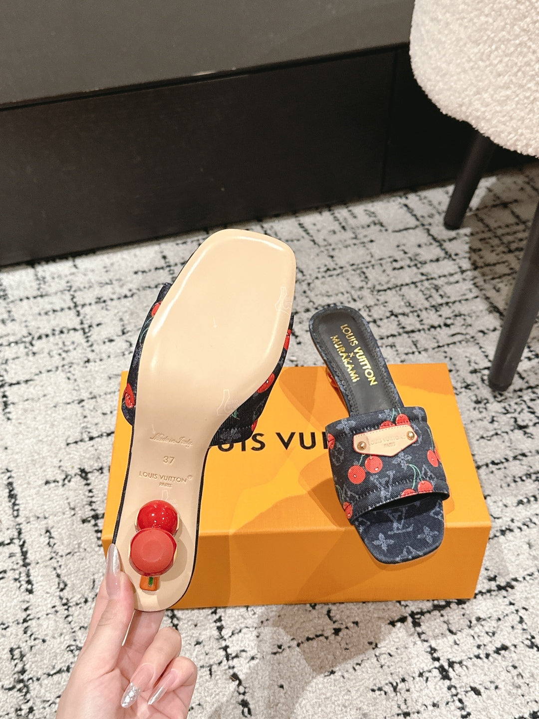 LOUIS VUITTON LV CHERRY HIGH HEELS 25S 55 MM IN CHARCOAL BLACK DENIM STYLE 10