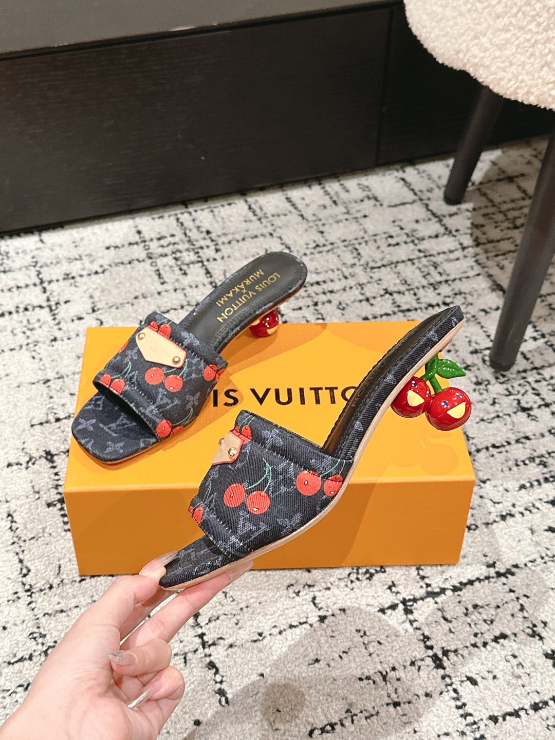 LOUIS VUITTON LV CHERRY HIGH HEELS 25S 55 MM IN CHARCOAL BLACK DENIM STYLE 10