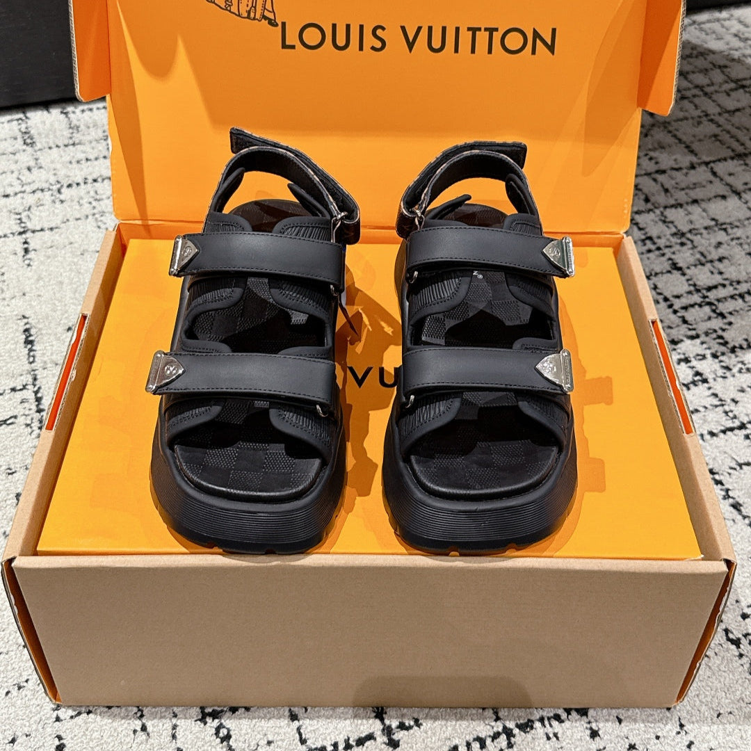LOUIS VUITTON LV WEDGE SANDALS 25S 55 MM IN BLACK CALFSKIN