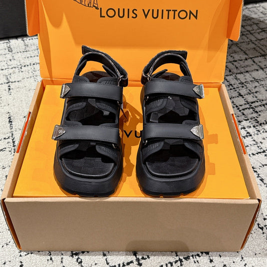 LOUIS VUITTON LV WEDGE SANDALS 25S 55 MM IN BLACK CALFSKIN