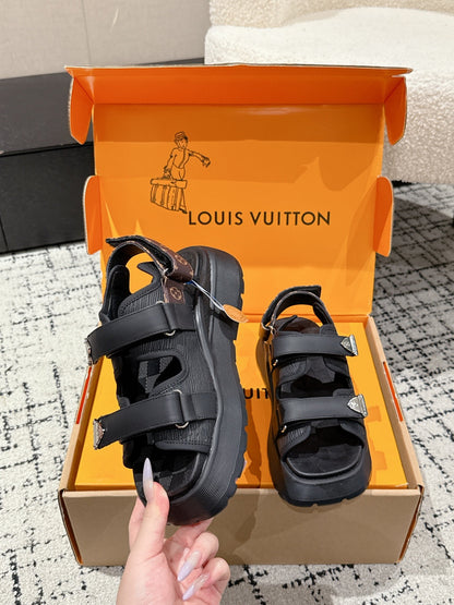 LOUIS VUITTON LV WEDGE SANDALS 25S 55 MM IN BLACK CALFSKIN