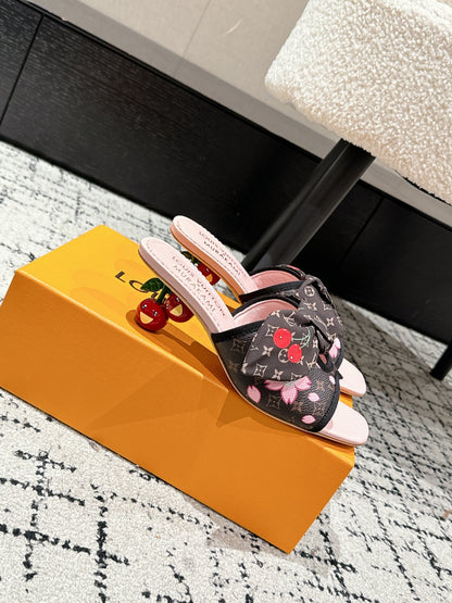 LOUIS VUITTON LV CHERRY HIGH HEELS 25S IN DARK BROWN AND PINK CALFSKIN WITH BOW STYLE 16