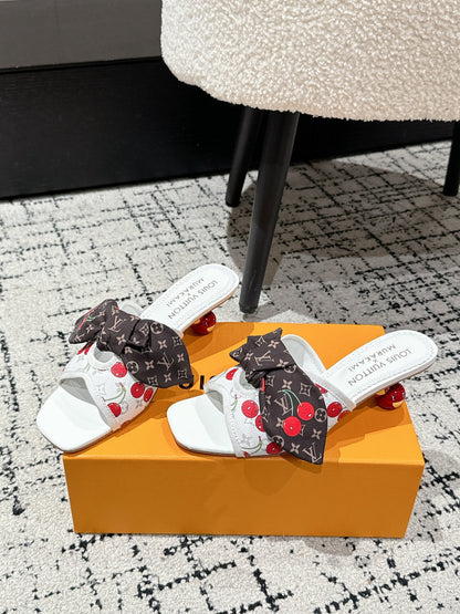 LOUIS VUITTON LV CHERRY HIGH HEELS 25S IN WHITE CALFSKIN WITH BOW STYLE 9
