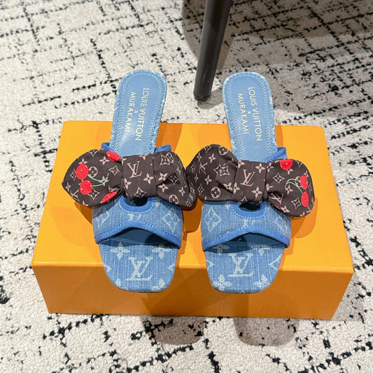 LOUIS VUITTON LV CHERRY HIGH HEELS 25S IN BLUE DENIM WITH BOW STYLE 8