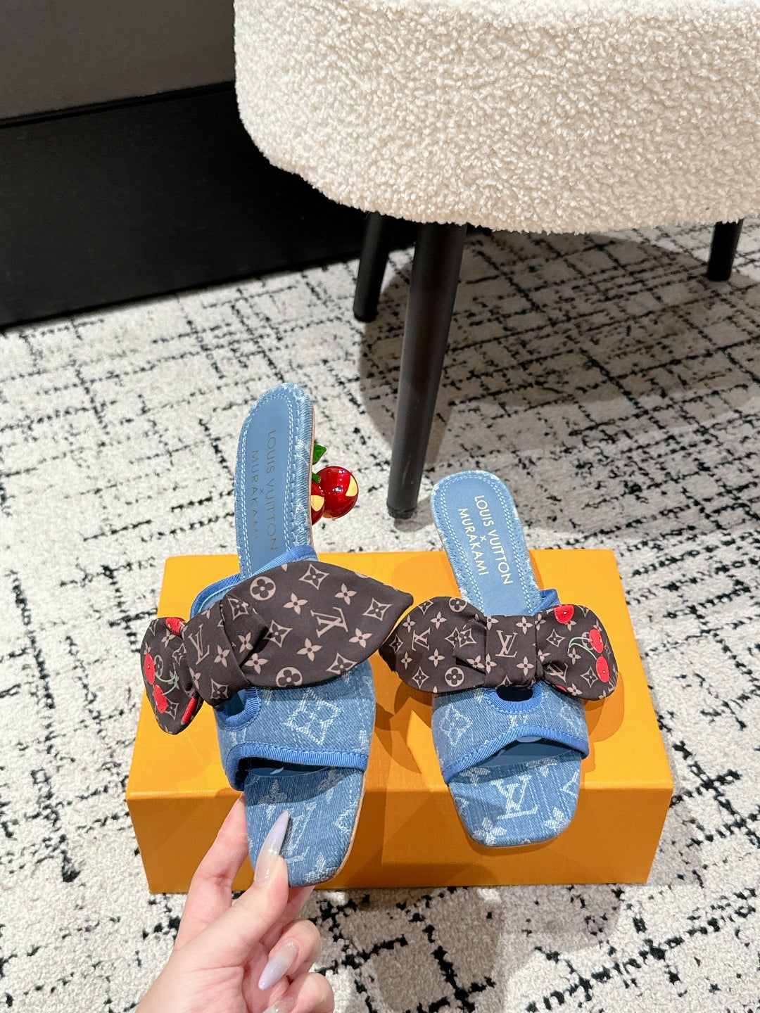 LOUIS VUITTON LV CHERRY HIGH HEELS 25S IN BLUE DENIM WITH BOW STYLE 8